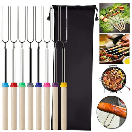 

Elbourn Marshmallow Roasting Sticks Telescoping 12 - 32 Smore Sticks Skewers 10 Pack with Wooden Handle for BBQ Hot Dog Fork Patio Fire Pit Camping Cookware