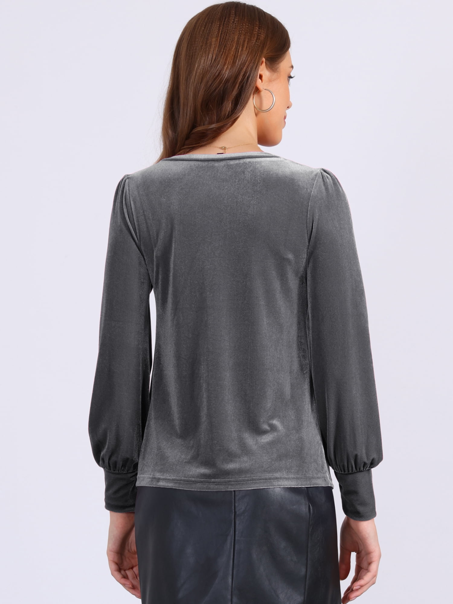 DARING DIVA Women's Velvet Crew Neck Puff Long Sleeve Blouses XS Grey