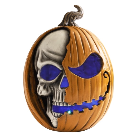 Light Up Jack O Lantern Pumpkin, 11x8 Inch Halloween Decorations Outdoor, Large Spooky Scary Decorative Resin Pumpkin Figurine, Indoor Table Top Desk Shelf Mantel Home Decor