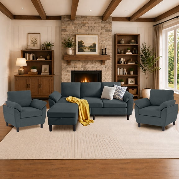 Pingliang Home Living Room Furniture Set, Convertible Sofa with Storage Ottoman and 2 Pieces Accent Chair,3 Seat L Shaped Couch and Armchair Set for Living Room,Office,Apartment
