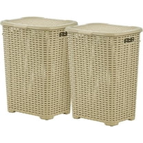 Superio 60L Large Wicker Plastic Laundry Hamper with Lid - Beige (2 Pack)