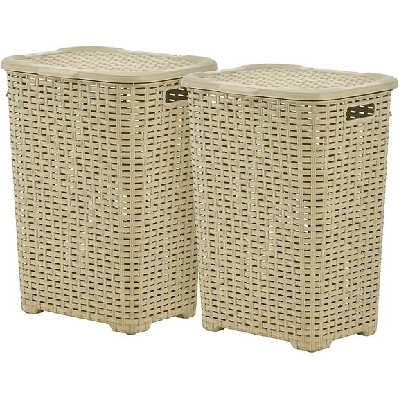 Superio 60L Large Wicker Plastic Laundry Hamper with Lid - Beige (2 Pack)