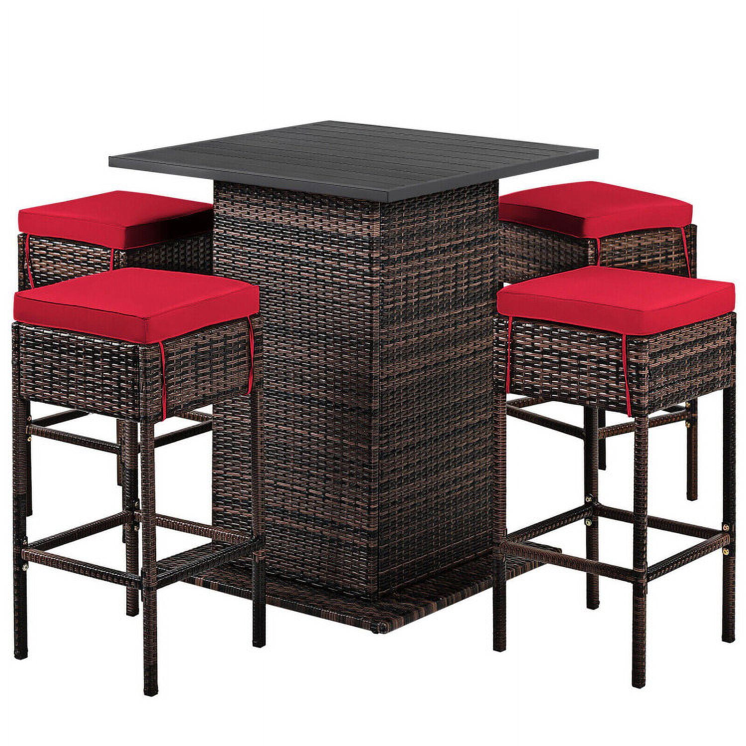 Aimee Lii 5 Pieces Patio Rattan Bar Table Stool Set Hidden Storage Shelf Cushioned, Outdoor Patio Furniture, Red