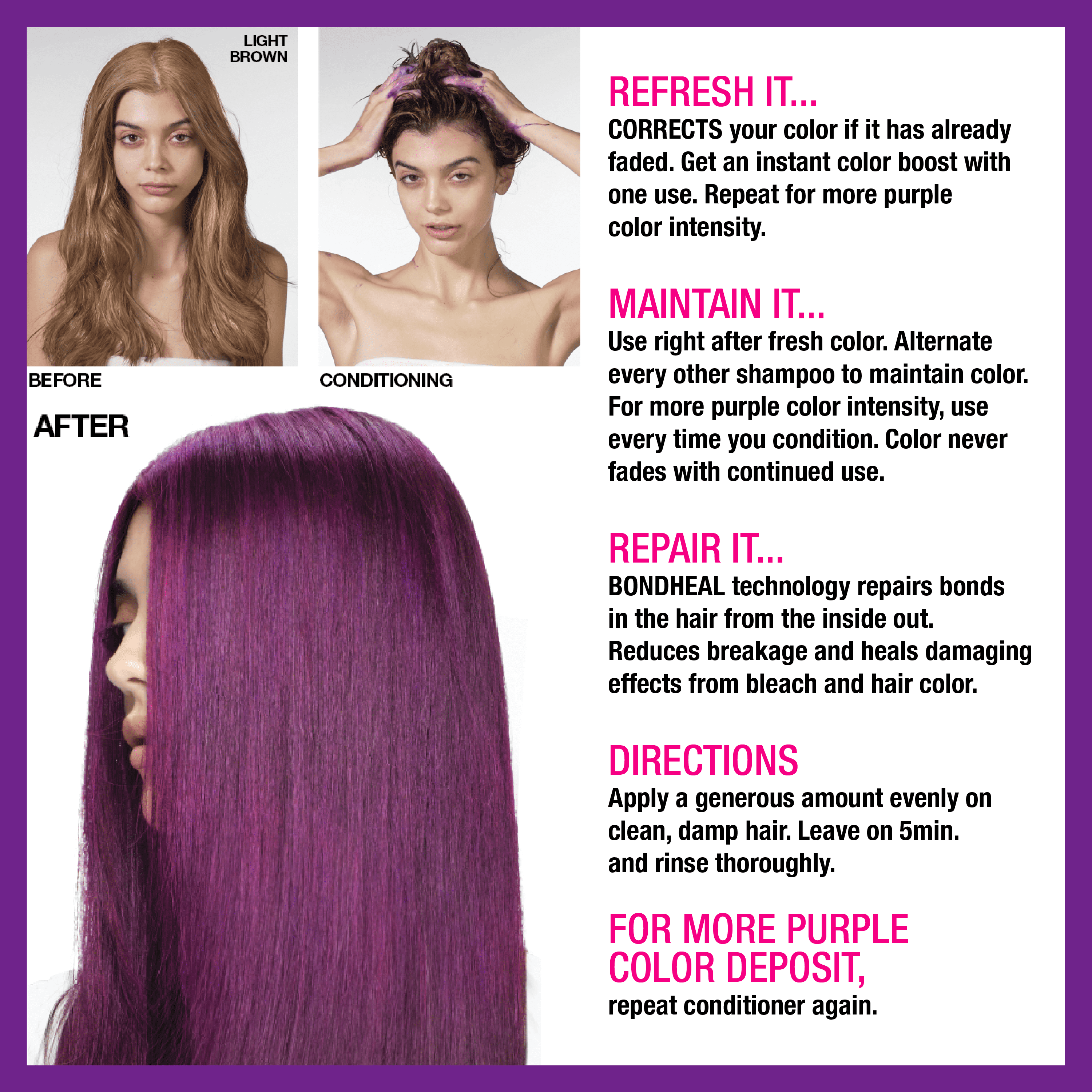 No Fade Fresh Color Depositing Conditioner with BondHeal Bond Rebuilder, Plant-Based, Vegan, Cruelty-Free 6.4 oz - Purple Bordeaux Hair Color Mask