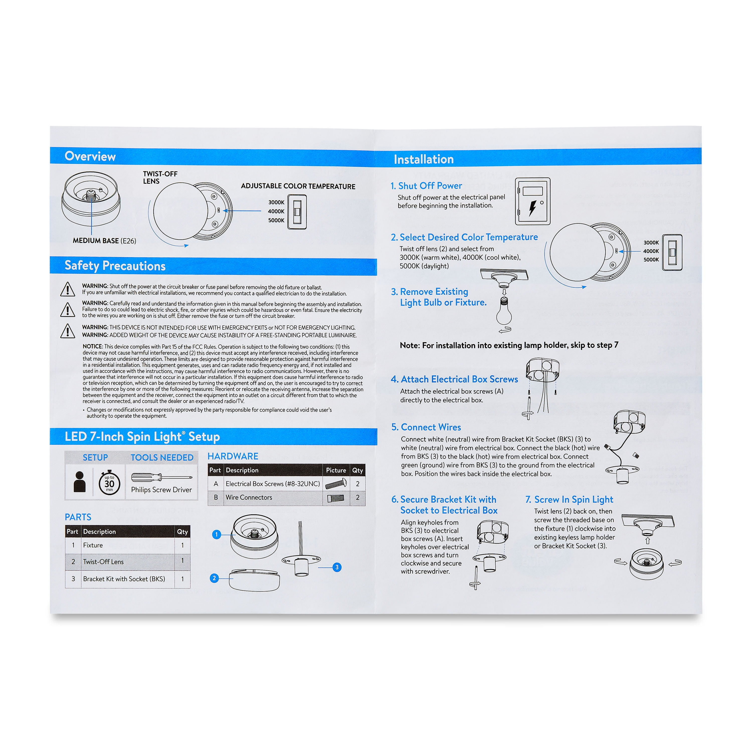 Great Value 7-Inch White LED Spin Light with 3 Color Temperatures