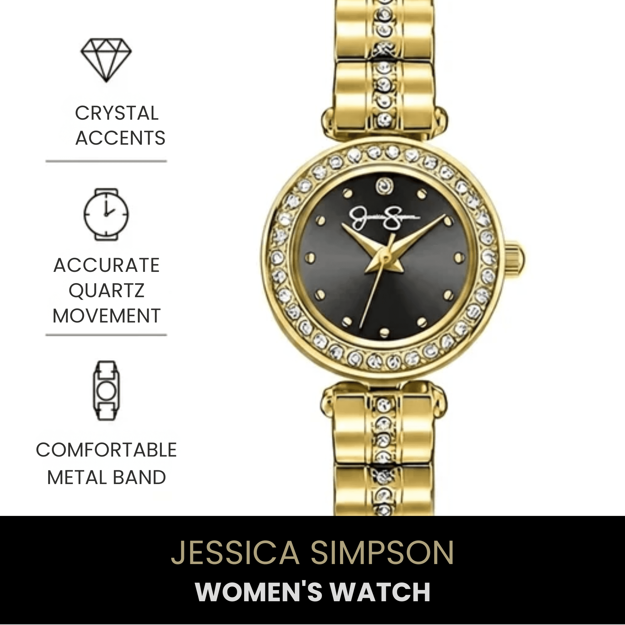 Jessica Simpson Women's Metal Band Watch, Round Crystal Dial, Classic Quartz Movement, Elegant Dress Watch for Women