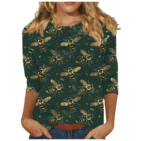 CYMMPU Loose Fit Tunic Tops 3/4 Sleeve Blouses for Women Dressy Casual Summer Fashion Shirts Bee Pattern Spring Tops Crew Neck Lightweight Basic T-Shirts Multicolor XXXL