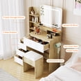 thumbnail image 1 of Modern 36-Inch Makeup Vanity Desk with Mirror & Adjustable LED Lights – 4 Drawers, Storage Shelves, Power Outlet, USB Ports, and Stool – Bedroom Dressing Table, Natural Wood Color with White Drawer, 1 of 8