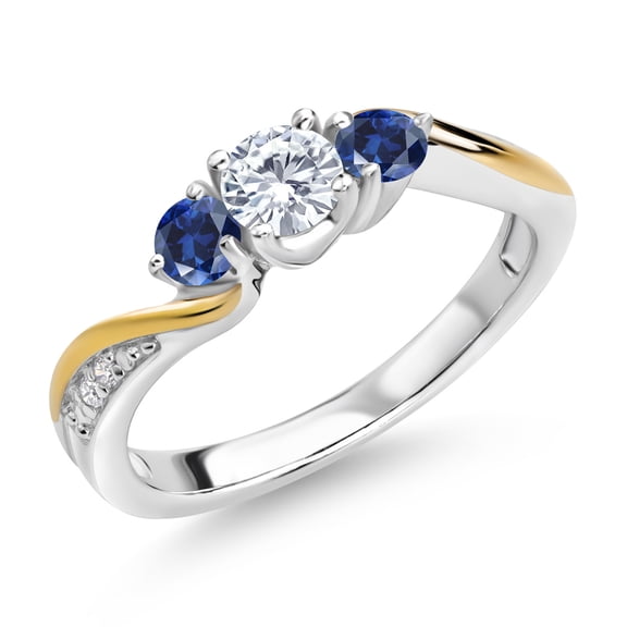 Gem Stone King White Lab Grown Diamond and Blue Created Sapphire 3-Stone Engagement Ring for Women | 925 Sterling Silver and 10K Yellow Gold | 0.58 Cttw | Wedding Engagement Anniversary Ring | Size 7