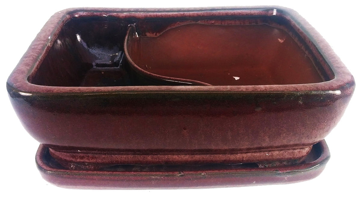 Land and Sea Ceramic Bonsai Pot with Saucer 6" x 4.5" x 2" Red by