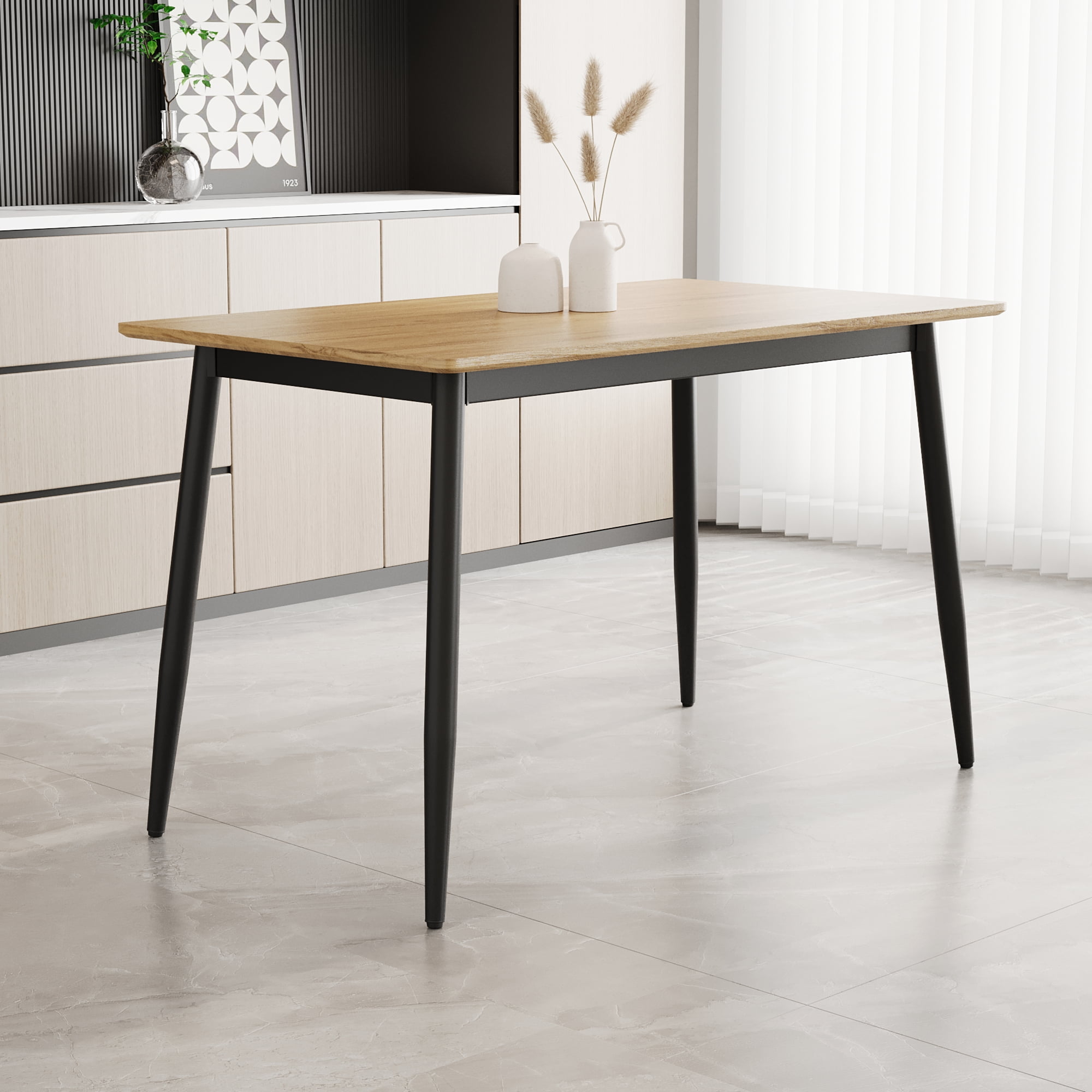 MAYEERTY Modern Minimalist Dining Table – MDF Grain Top, Black Metal Legs, Seats 4-6, Easy Assembly