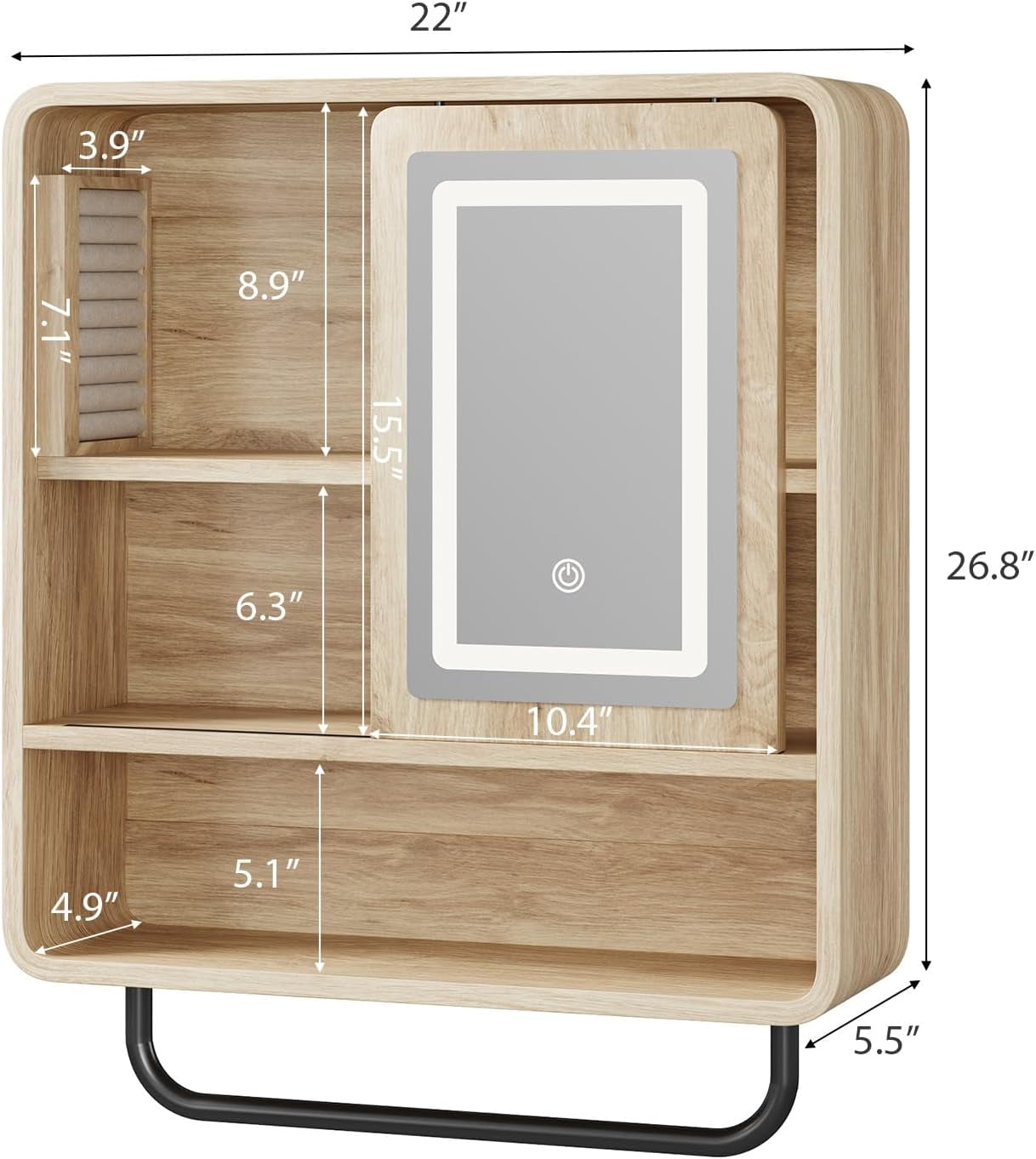 Vecenuy Modern Bathroom Wall Cabinet with Mirror, over-The-Toilet Storage & Towel Bar, Sliding Door, 3 Lighting Modes & Adjustable Brightness, Natural Oak