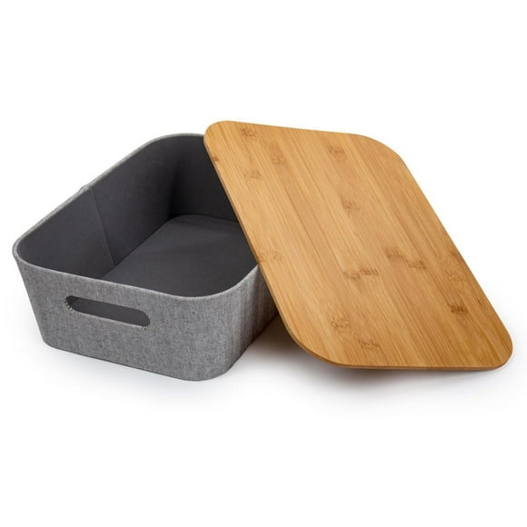 Truu Design Modern and Sleek Decorative Paper Grey Storage Basket with Bamboo Lid