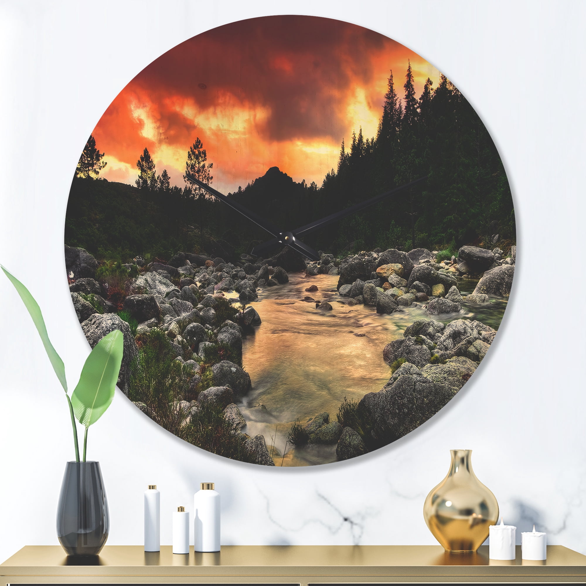Designart 'Rocky Mountain River at Sunset Light' Modern Wood Wall Clock
