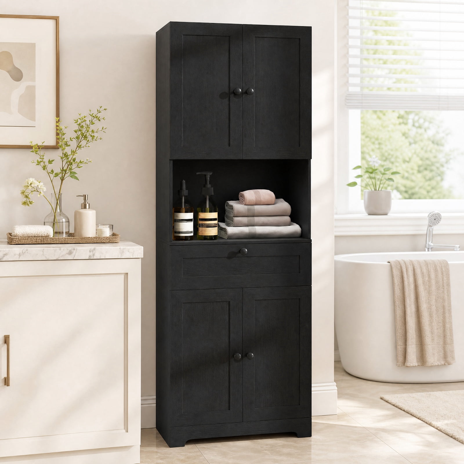 Furnibear 67.5 Inch Tall Modern Freestanding Floor Storage Cabinet with 4 Doors and 1 Drawer for Living Room Bedroom Entryway Hallway Storage, Black
