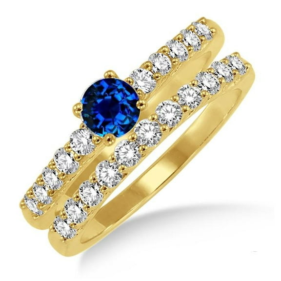 Classic Art Deco 6mm Round Cut 2 Carat Blue Sapphire And Moissanite Diamond Engagement Ring Elegant Bridal Set on 10k Yellow Gold