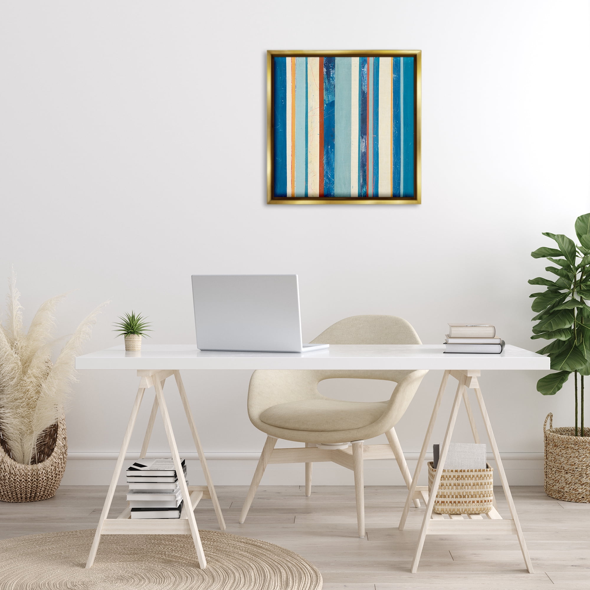 Stupell Industries Distressed Blue Stripes Abstract Painting Gold Floater Framed Canvas Art Print Wall Art, 25 x 25