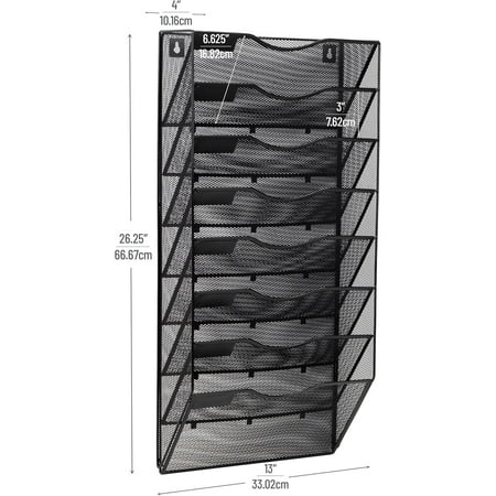 Wall File Organizer, 8 Pocket Hanging Document Rack, Office Wall Mount, Metal Mesh, Black