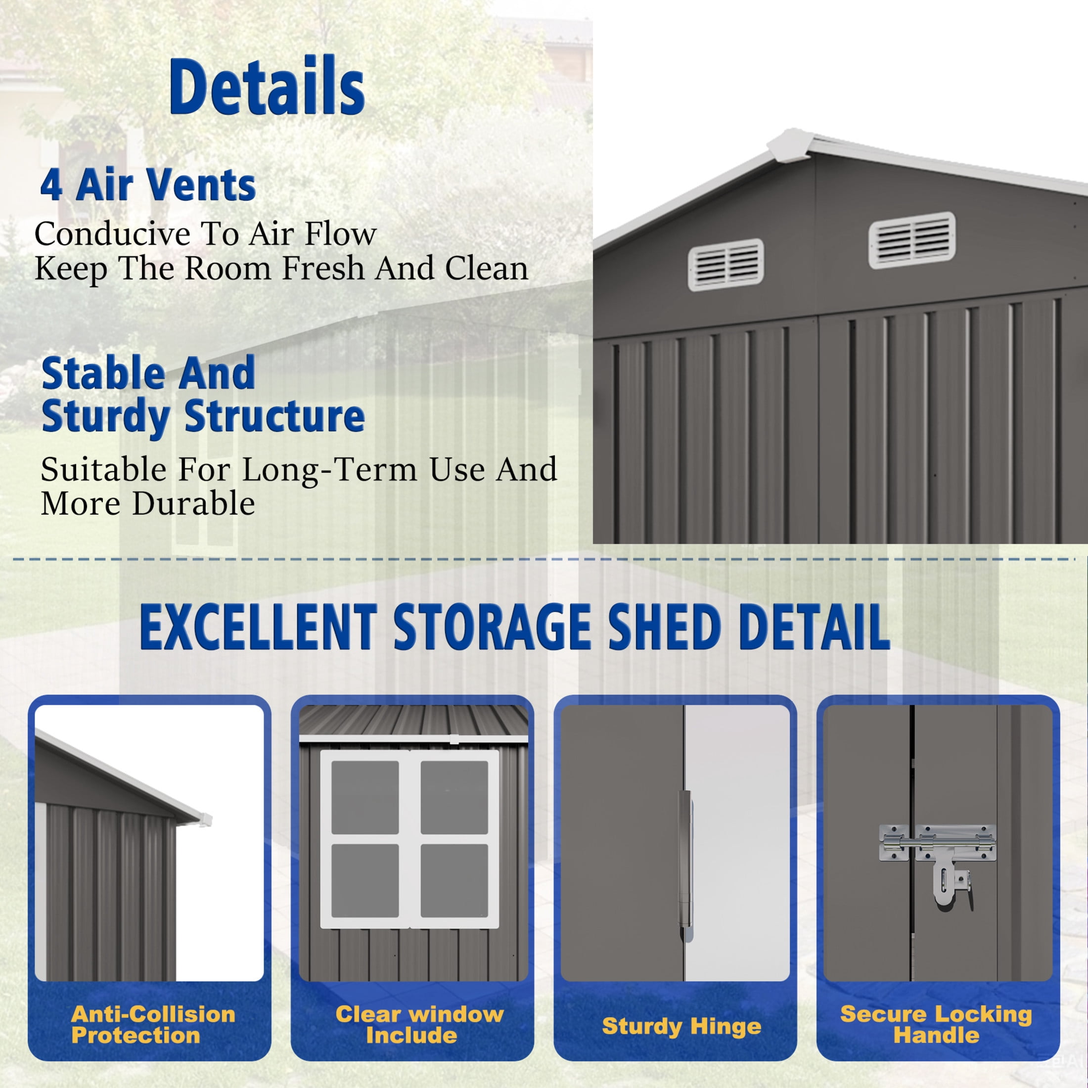 Noble House 10 x 8 FT Outdoor Metal Storage Shed with Lockable Doors, Window and Air Vents, Gray