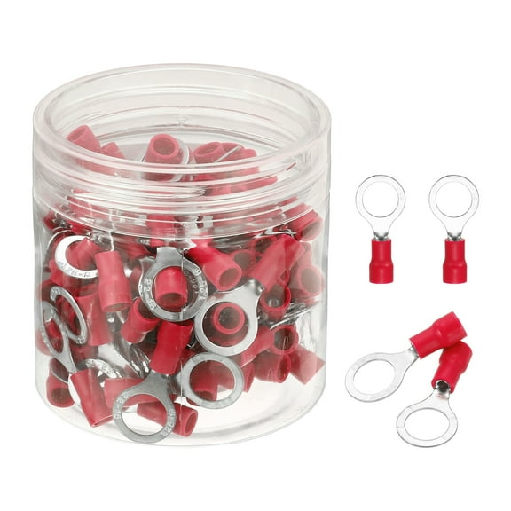 Uxcell 100Pcs Insulated Ring Terminal RV1.25-8 Battery Lugs 22-16AWG Electrical Crimp Terminals Eyelet Wire Connectors for Industrial, Electrical Wiring, Red