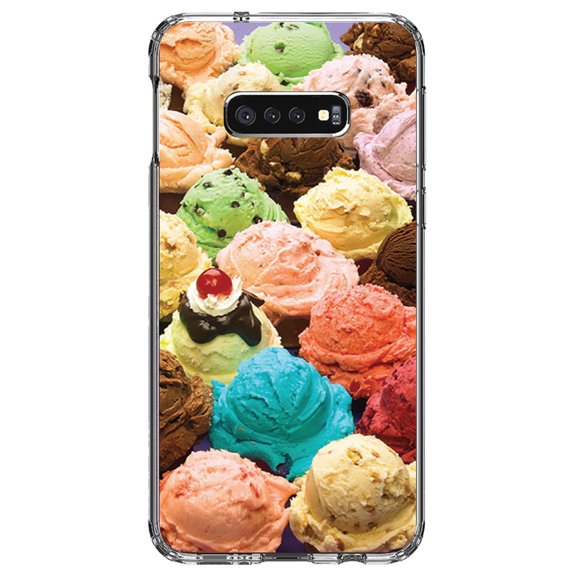 DistinctInk Clear Shockproof Hybrid Case for Samsung Galaxy S10e (5.8" Screen) - TPU Bumper, Acrylic Back, Tempered Glass Screen Protector - Ice Cream Scoops Cones