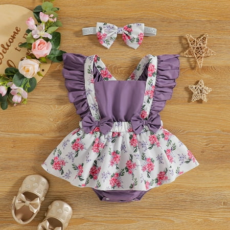 

QISIWOLE Toddler Baby Girls Fashion Cute Flowers Print Ruffles Short Sleeve Romper Bow Bodysuit Jumpsuit Suit 0-2 Years Deals