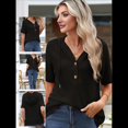 thumbnail image 4 of Blusas de Verano para Mujer, de Punto Gofre, de Corta, con Cordón, Sudaderas con Botones y Cuello en V, Blusas Informales, Camisas. Negro M, 4 of 9