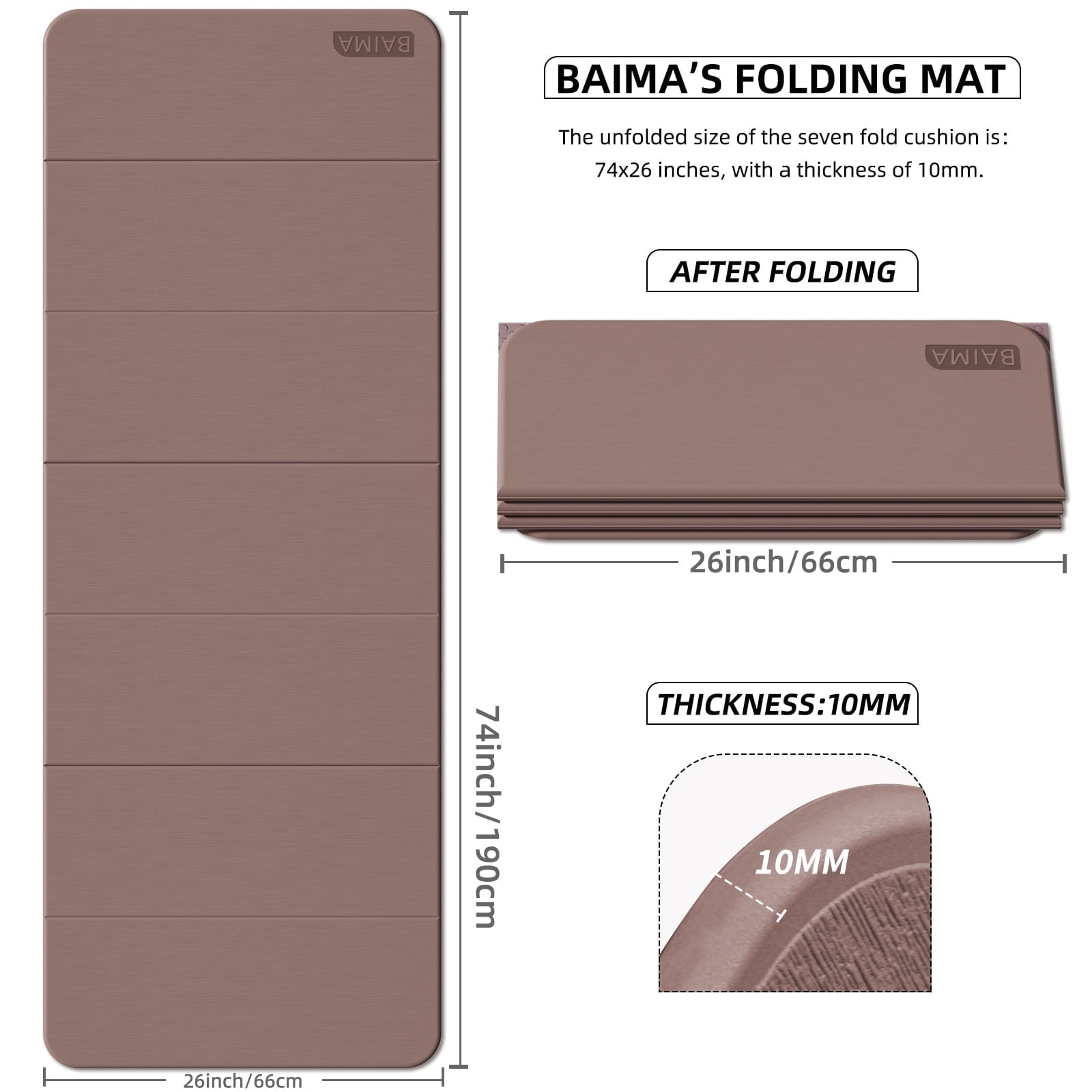 BAIMA Foldable Yoga Mat 10mm Thick , Workout Mats for Home Gym , Pilates,Quick Unfold/Stor,Non-Slip Surface,3.5lbs(Brown)