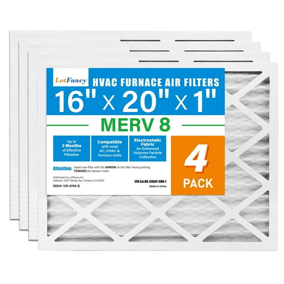LotFancy 16x20x1 Air Filters, 4 Pack, MERV 8 Pleated HVAC AC Furnace Filters