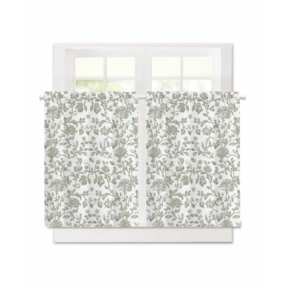 Vintage Green Floral Short Blackout Curtains 36 Inch Long Farmhouse Flower Pastoral Style Rod Pocket Kitchen Curtains, 2 Panels Thermal Insulated Room Darkening Drapes for Bedroom, 30"W x 36"L