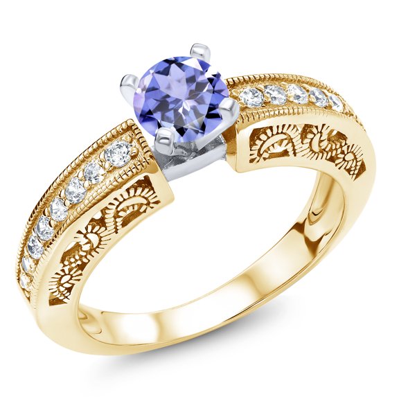 Gem Stone King 1.49 Ct Round Blue Tanzanite 18K Two-Tone Plated Sterling Silver Ring (Size 6)