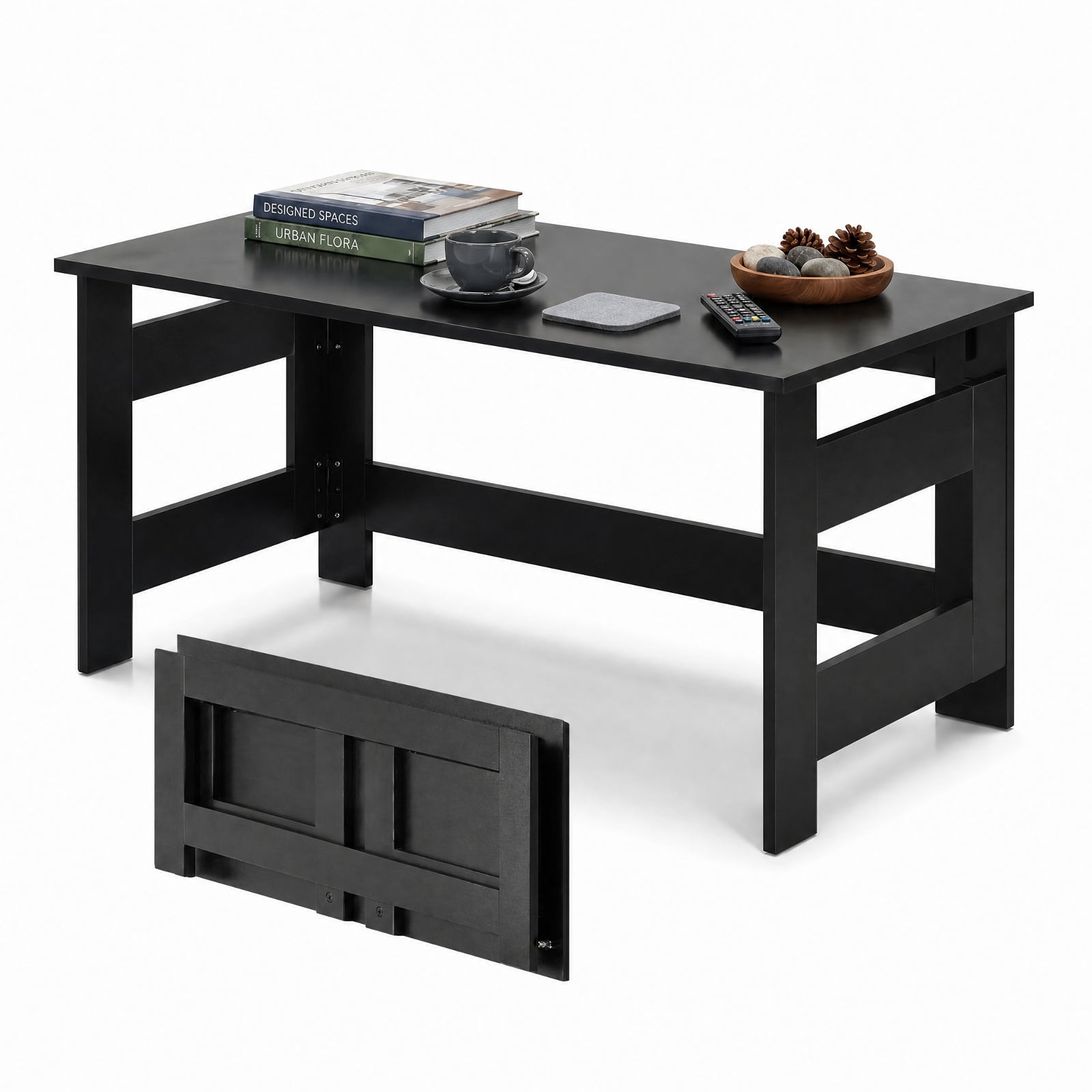 Furnibear Portable Low Floor Table with Foldable Legs Space Saving Folding Coffee Table for Living Room Dining Reading Gaming, Black