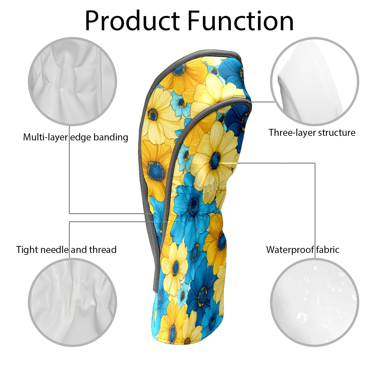 Golf Club Covers PU Leather Waterproof Head Covers for Fairway Woods Hybrids Yellow Blue Flowers