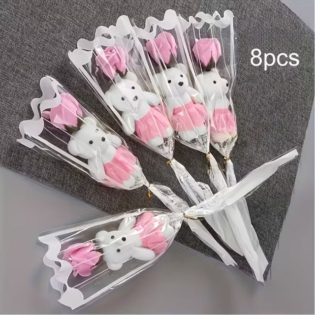 Juego de 8 románticos ramos de rosas artificiales con osito de peluche | Rosas brillantes, ideales for San Valentín, Bodas, Cumpleaños, Decoración del hogar y Navidad.