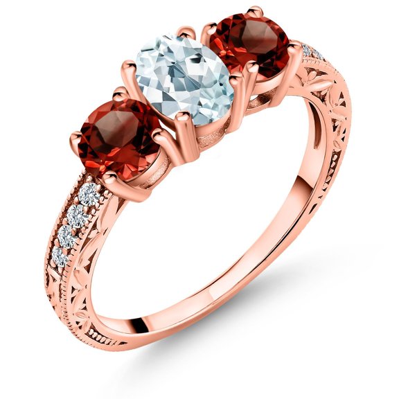 Gem Stone King 1.97 Ct Oval Sky Blue Aquamarine Red Garnet 18K Rose Gold Plated Silver Ring (Size 9)