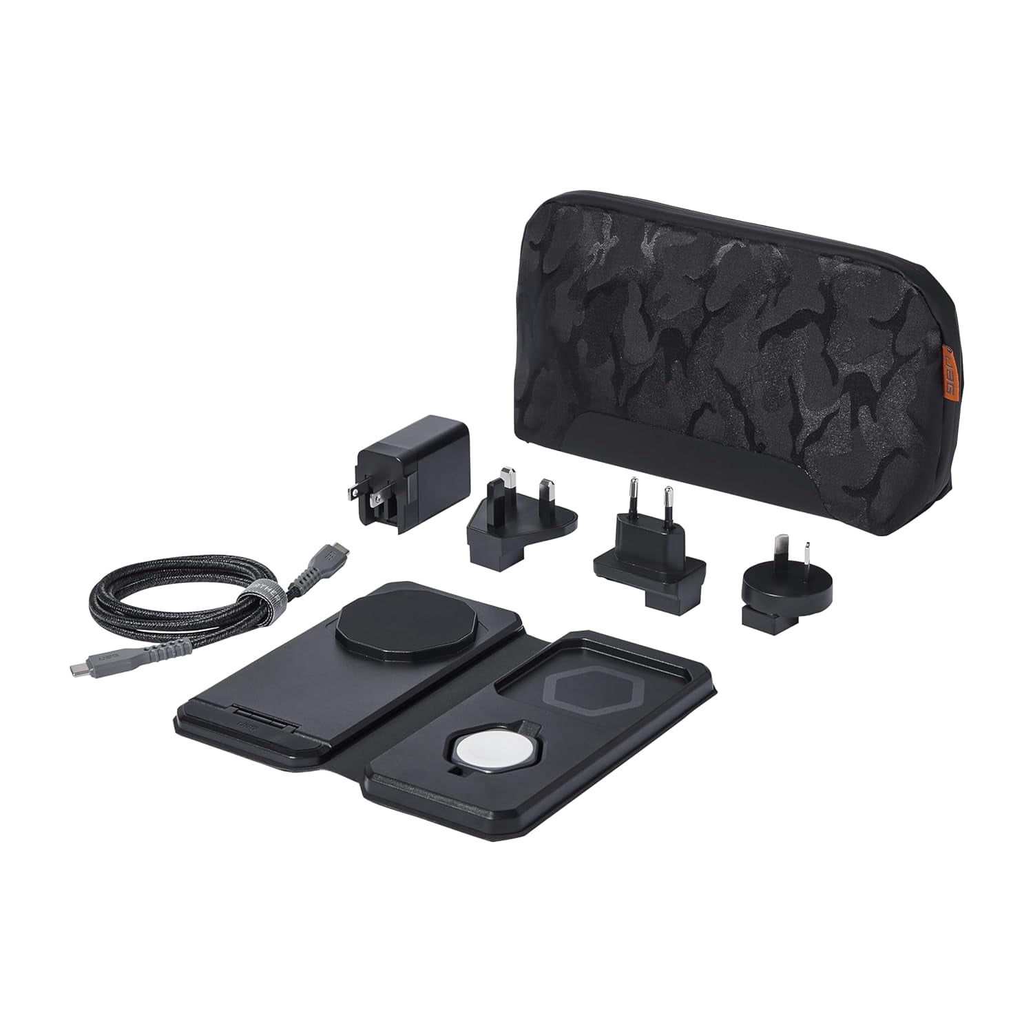 UAG 3-in-1 Travel Desktop Charger 15W Foldable Wireless Charging Station Compatible with MagSafe for iPhone 15, AirPods, Apple Watch, Black/Gray (25W USB-C PD Charger & Global Adapter Included)