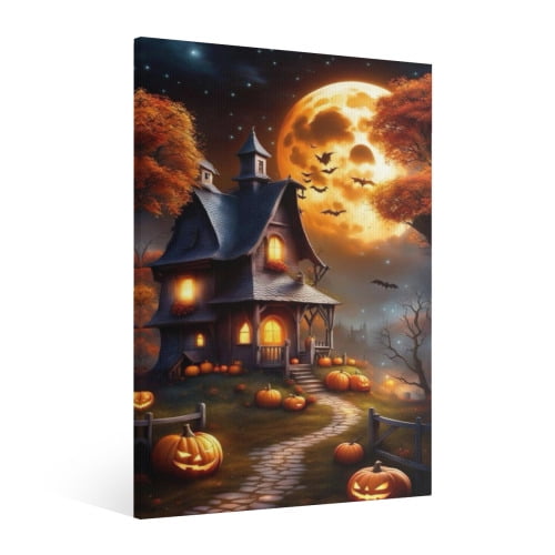 Vintage Halloween Pumpkin lantern, castle, bat Canvas Wall Art Painting,Horror Creepy Dark Poster,Gothic Artwork Picture Print Decor, Spooky Ghost Wall Decor for Living Room Bedroom Party Framed 