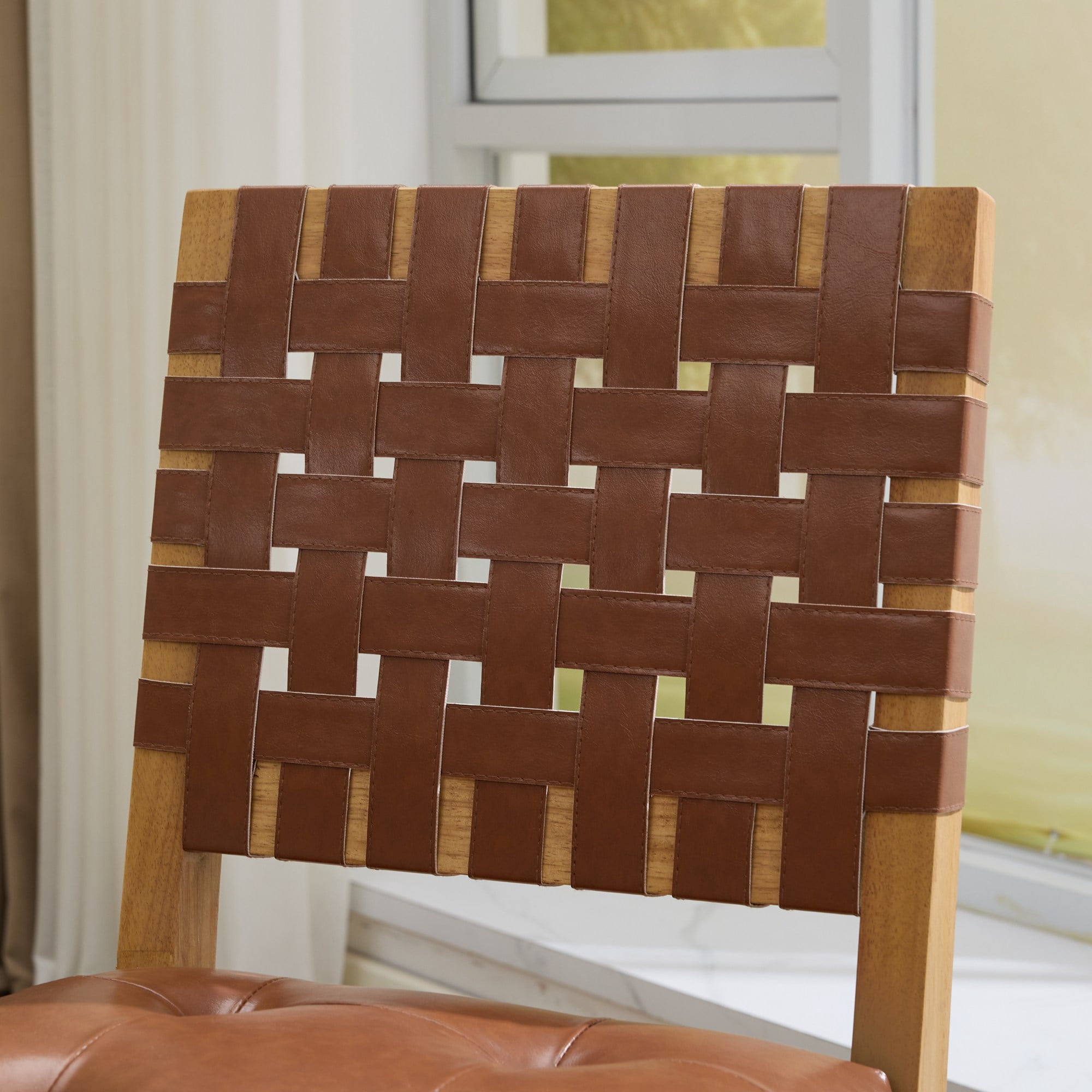 2-Piece Woven Backrest Dining Chairs, Mid‑Century Modern Armless Kitchen Chairs, PU Leather Upholstered Seat Accent Side Chair