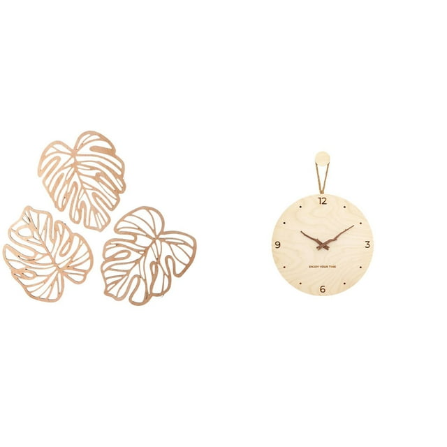 Juego de arte mural de madera con hojas de palma tropicales y reloj decorativo nórdico minimalista. Decoración creativa de para dormitorio, bañ