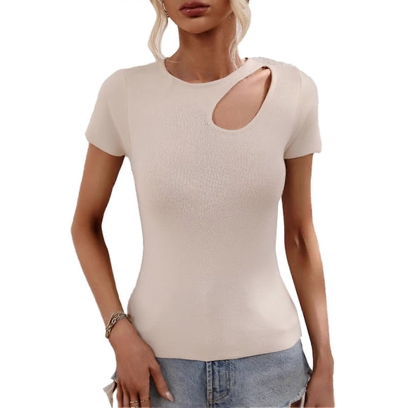 Women Cutout Top Pure Color Fashionable Slim Fitting Short Sleeve Cutout Shirt for Daily