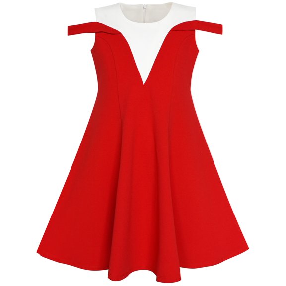 Girls Dress Red White Cold Shoulder Color Contrast Holiday 5