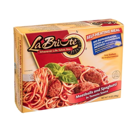 LaBriute Meals Spaghetti & Meatballs Self Heating Ready to Eat Meal with Snack, High Protein Entrée, Glatt Kosher, Emergency Food Supply, Camping, Survival, 12 oz Serving