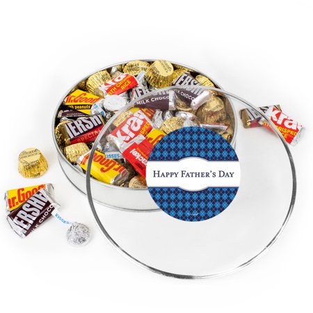 Father s Day Candy Gift Tin (Plastic Tin with Approx. 1lb Candy  60 pieces) Kisses Chocolate  Miniatures & Peanut Butter Cups - Argyle Dad
