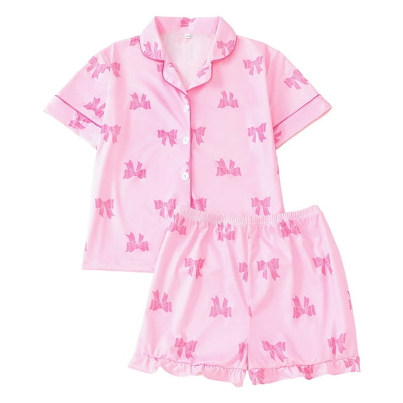 WOYY Pajamas for Girls Bow Print Short Sleeve Button Shirt Shorts Loungewear Set, Sizes 8-9