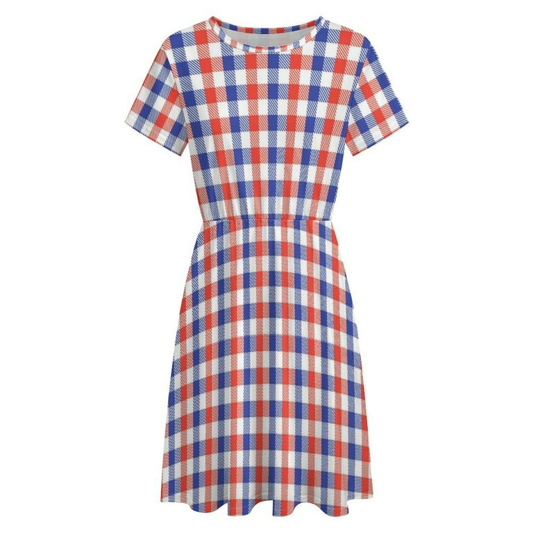 blue and red summer dress White Red Blue Tartan Plaid Sundress Short Sleeve Dress Summer Women  Clothes Dress for Women Dresses