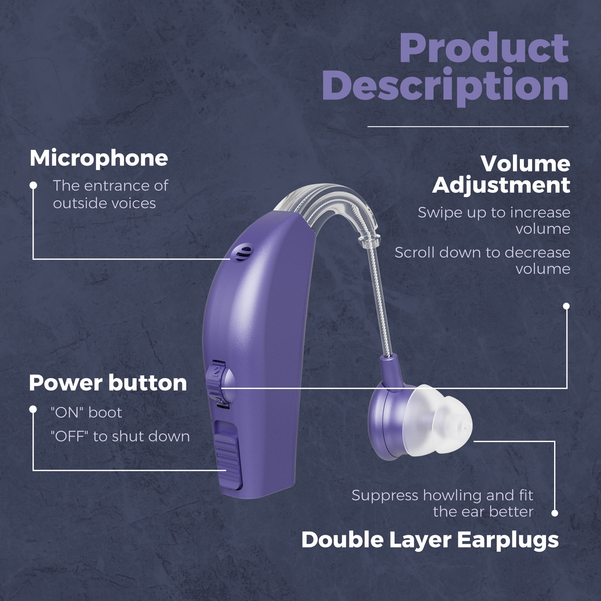 MEDca Rechargeable Pair Hearing Aid for Seniors, Personal Sound Amplifier - Purple