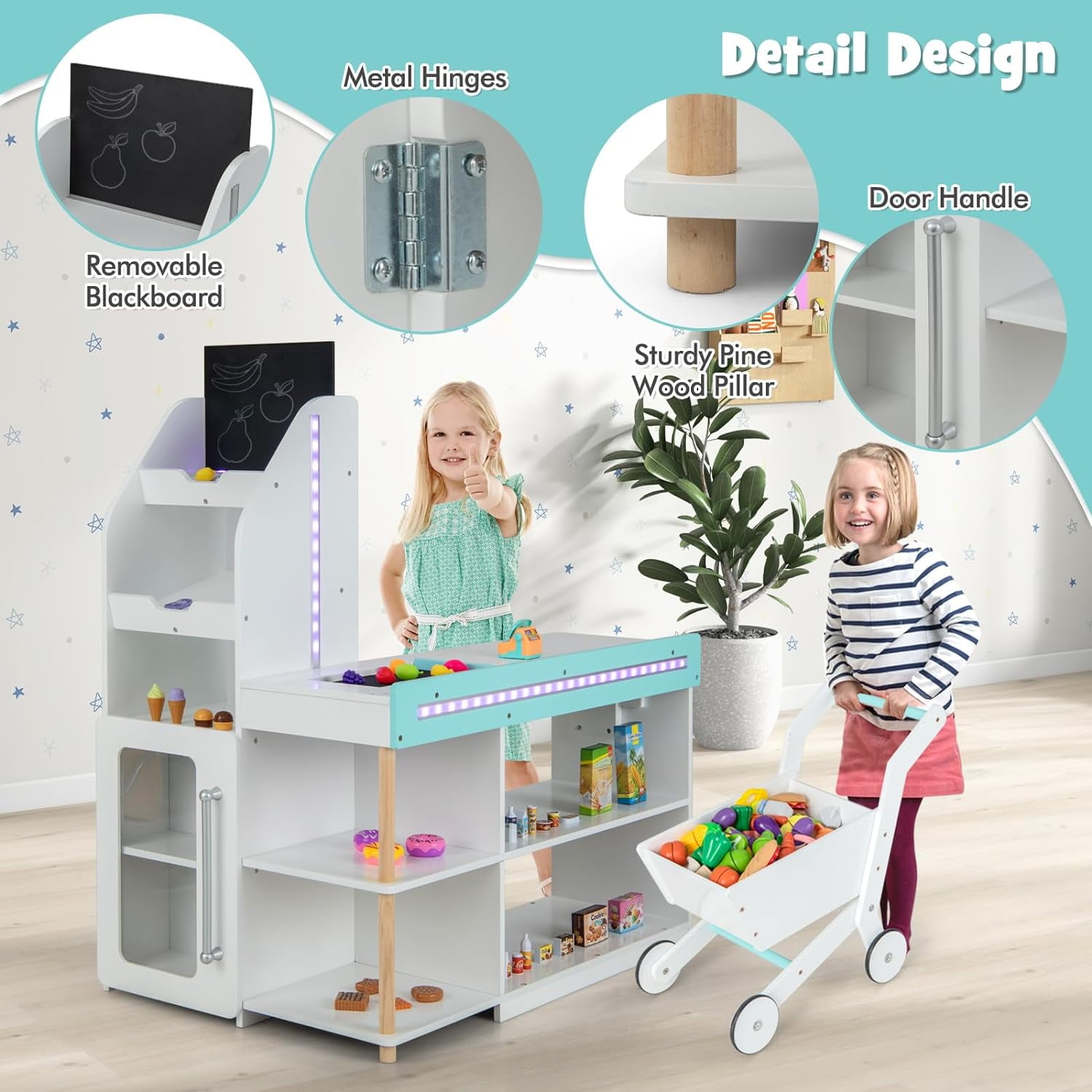 OLAKIDS Kids Grocery Store Playset, Wooden Pretend Play Supermarket with LED Lights Manual Conveyor Belt Play Food Accessories Blackboard Cash Register, Market Stand Toy for Toddler Boys Girls