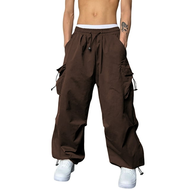 xiaxaixu Men Elastic Cargo Pants Solid Color Loose Drawstring Jogger Sweatpants Casual Trousers with Pockets Streetwear