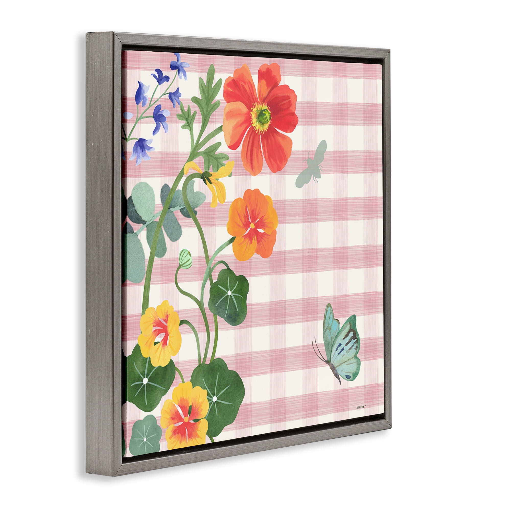 Stupell Industries Garden Poppies on Gingham Botanical & Floral Painting Gray Floater Framed Canvas Art Print Wall Art, 18 x 18