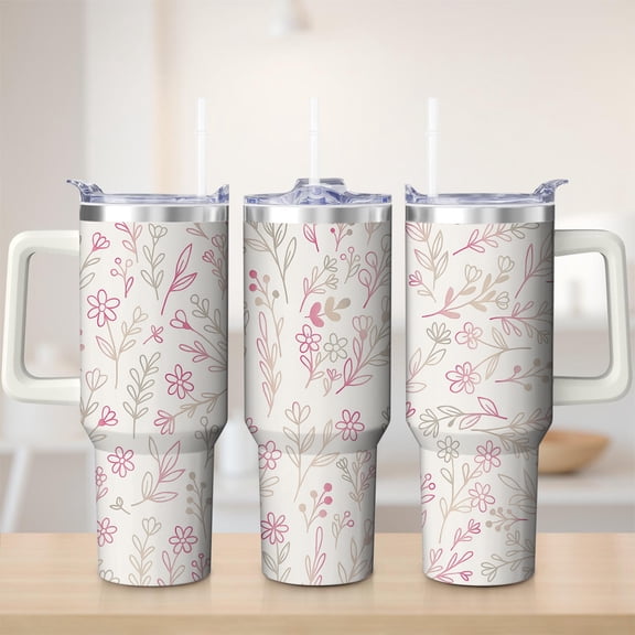 Floral Botanical Stainless Steel Insulated Mug with Lid and Handle, 30oz